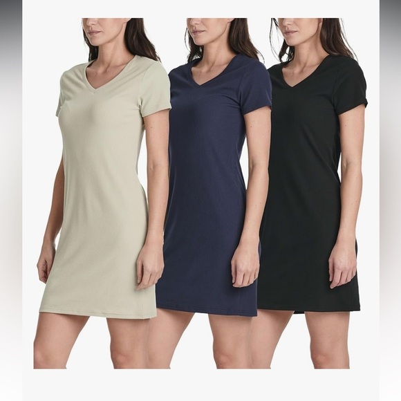 Set of Three Ribbed V-Neck T-Shirt Dresses 3X Navy Black Cream - Picture 7 of 9